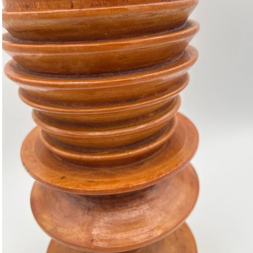 Vintage Hand Turned Tiered Ribbed‎ Wood Vase MCM Pedestal Organic